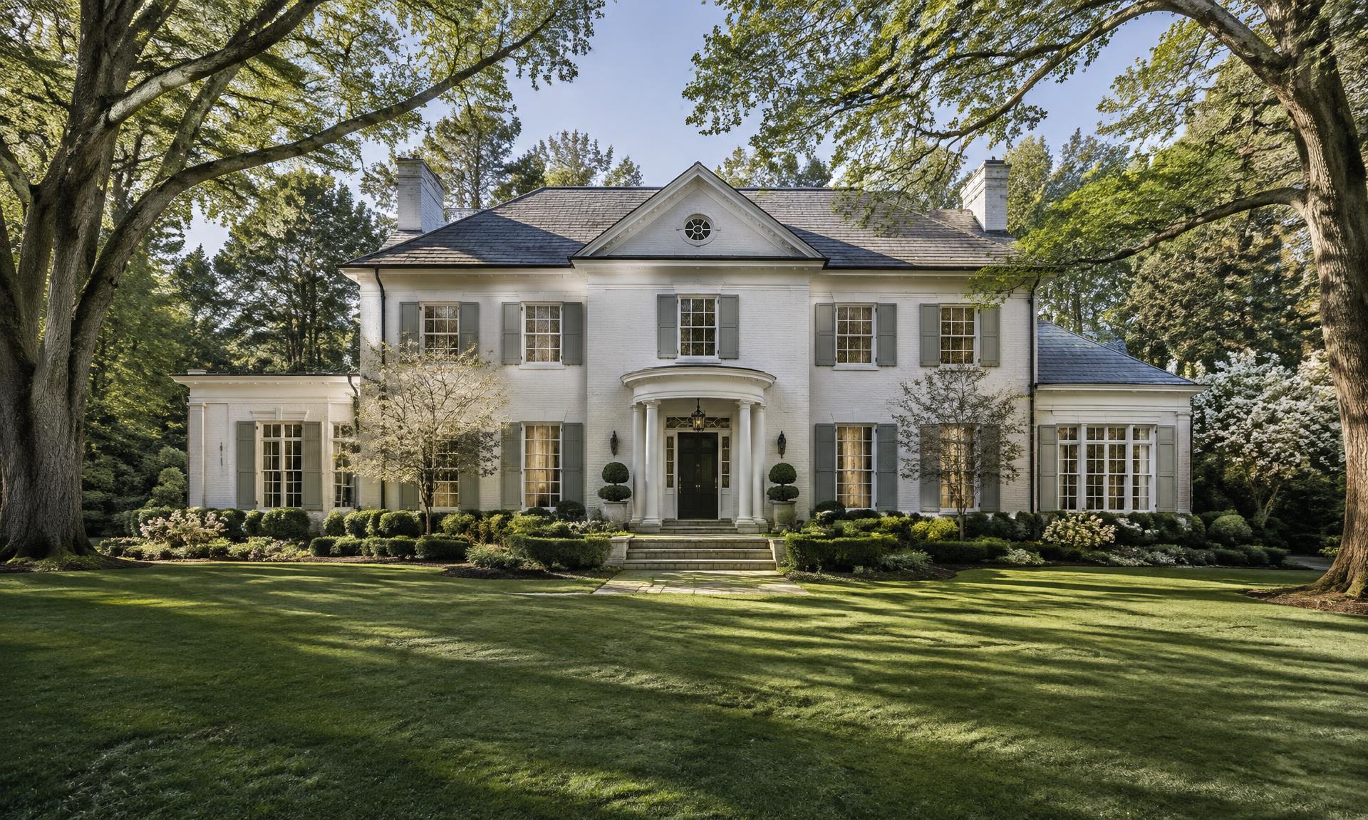 Conceptual rendering of a white brick residence beneath mature trees in Charlotte